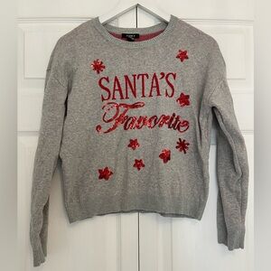 Holiday or Ugly Christmas Sweater gray crew neck with red sequin writing size L